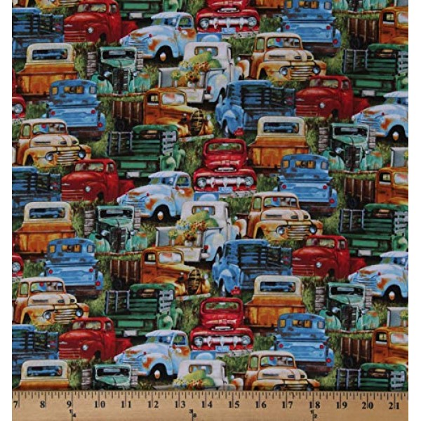 Cotton Vintage Trucks Old Vehicles Rustic Multi-Color on Green Cot...