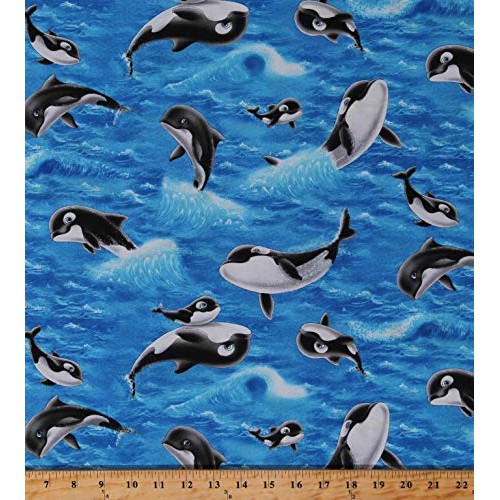 Cotton Whales Ocean Fish Sea World Kids Animal Cotton Fabric Print...