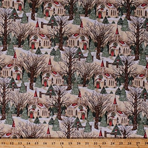 Cotton Winter Church Scene Christmas Village Snow Holiday Cotton F...