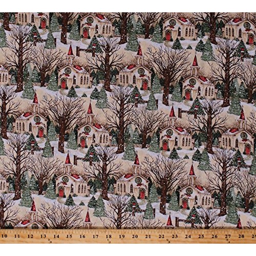 Cotton Winter Church Scene Christmas Village Snow Holiday Cotton F...