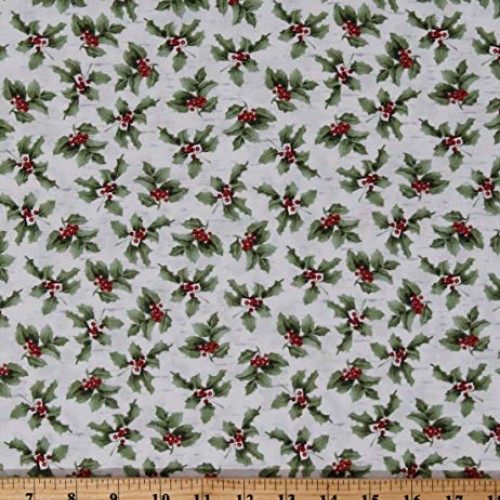 Cotton Winter Holly Leaves and Berries on White Christmas Holidays...
