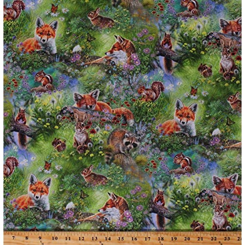Cotton Woodland Animals Foxes Rabbits Squirrels Chipmunks Meadow F...