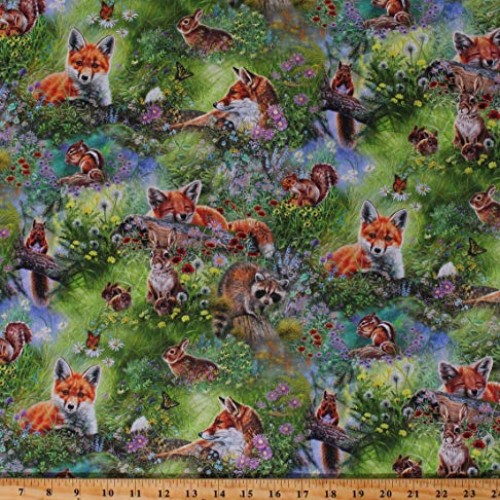Cotton Woodland Animals Foxes Rabbits Squirrels Chipmunks Meadow F...