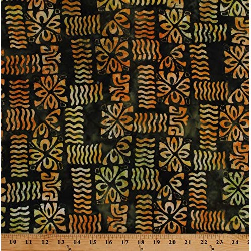 Fields Fabrics 44 Rayon Bali Batik Block Stamped Green Orange Ye...