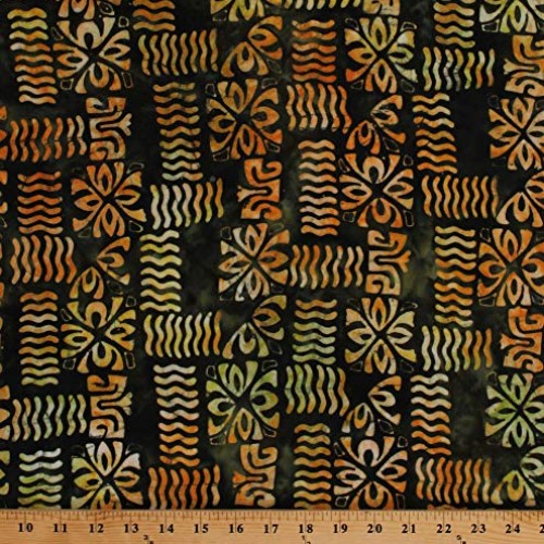 Fields Fabrics 44 Rayon Bali Batik Block Stamped Green Orange Ye...