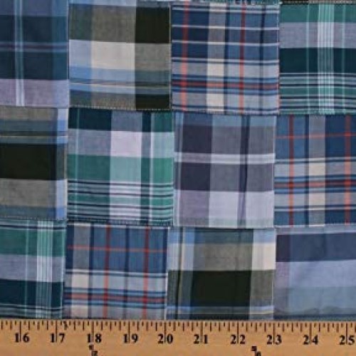 Fields Fabrics Cotton Plaid Patchwork Blue Green White Peach 44 W...