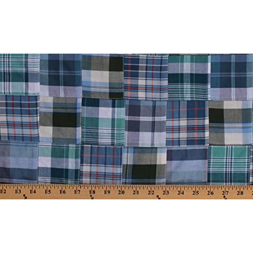 Fields Fabrics Cotton Plaid Patchwork Blue Green White Peach 44 W...