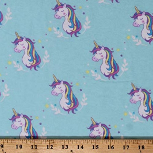 Flannel Unicorns Stars Magical Fairytale Animals on Blue Cotton Fl...