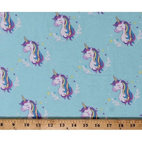 Flannel Unicorns Stars Magical Fairytale Animals on Blue Cotton Fl...