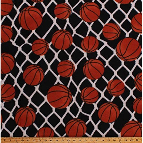 Fleece Basketballs Balls Net Allover on Black Sports Fleece Fabric...