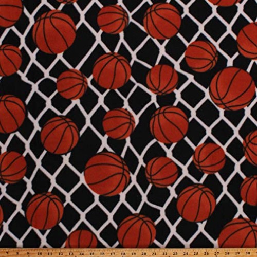 Fleece Basketballs Balls Net Allover on Black Sports Fleece Fabric...