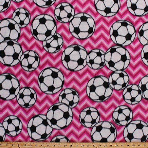 Fleece Soccer Balls on Pink Chevron Stripes Sports Fleece Fabric P...
