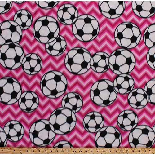 Fleece Soccer Balls on Pink Chevron Stripes Sports Fleece Fabric P...