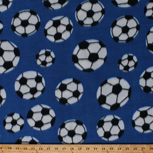 Fleece Soccer Balls Soccerballs Allover on Blue Sports Fleece Fabr...