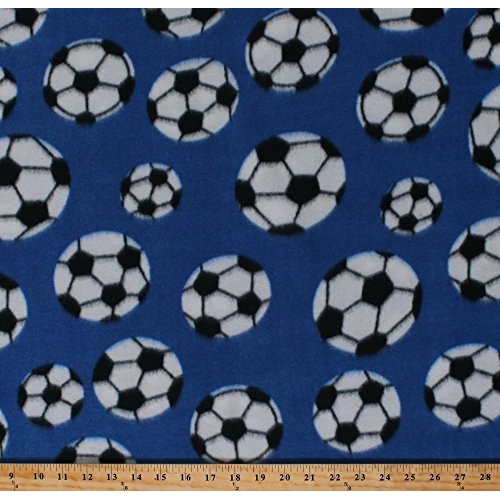 Fleece Soccer Balls Soccerballs Allover on Blue Sports Fleece Fabr...