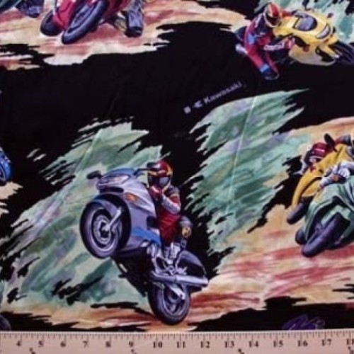 Racing Bikes Kawasaki Ninja on Black Cotton Rayon Challis Fabric P...