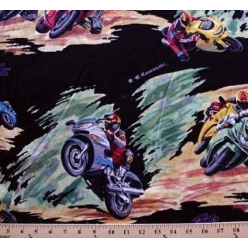 Racing Bikes Kawasaki Ninja on Black Cotton Rayon Challis Fabric P...