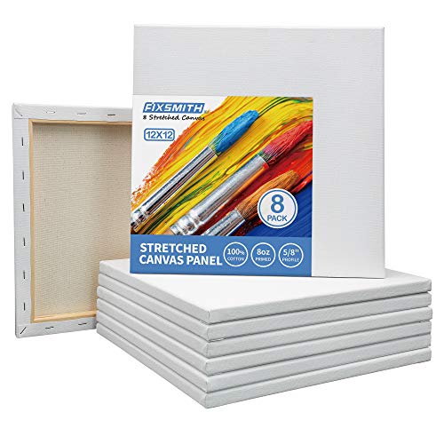 FIXSMITH Stretched White Blank Canvas- 12x12 Inch,Bulk Pack of 8,P...