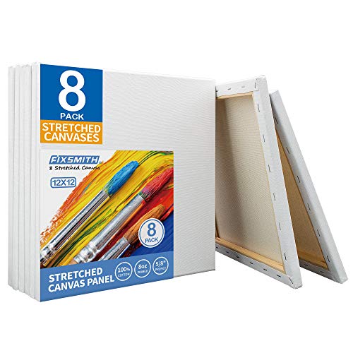 FIXSMITH Stretched White Blank Canvas- 12x12 Inch,Bulk Pack of 8,P...
