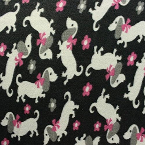 Fleece Fabric Printed ANTI PILL DACHSHUND PUPPY FLORAL BLACK BACKG...