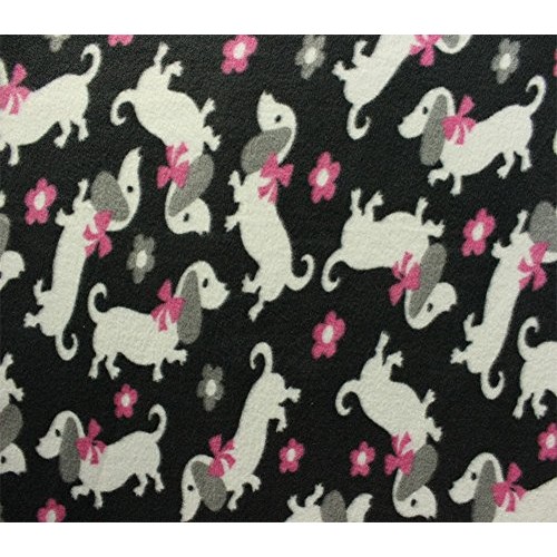 Fleece Fabric Printed ANTI PILL DACHSHUND PUPPY FLORAL BLACK BACKG...