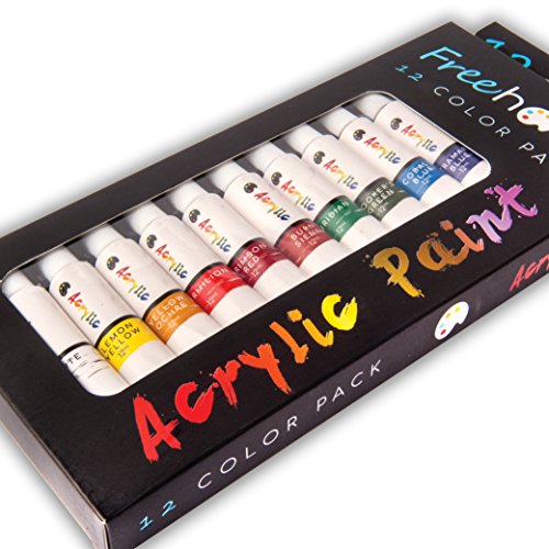 Acrylic Paint Set -12 Acrylic Paints, 6 Paint Brushes for Acrylic ...
