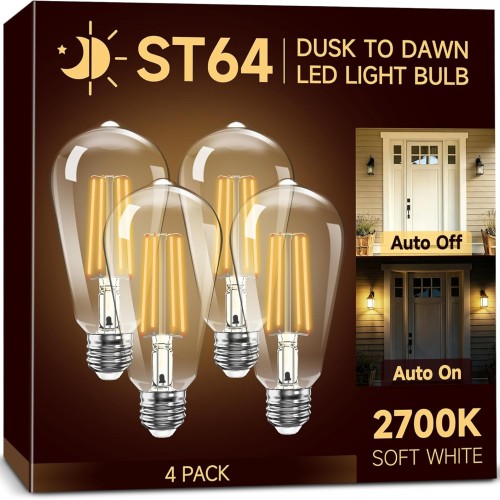 Dusk to Dawn ST64 Edison Light Bulbs Outdoor, 60W Equivalent 4 Pack