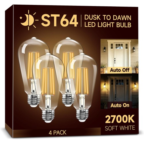 Dusk to Dawn ST64 Edison Light Bulbs Outdoor, 60W Equivalent 4 Pack