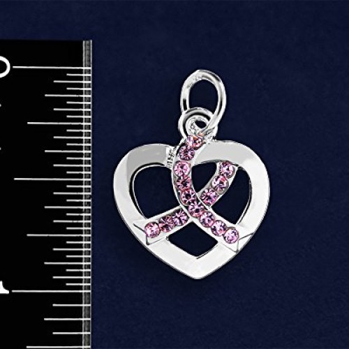 10 Pack Breast Cancer Awareness Silver Heart Crystal Pink Ribbon C...