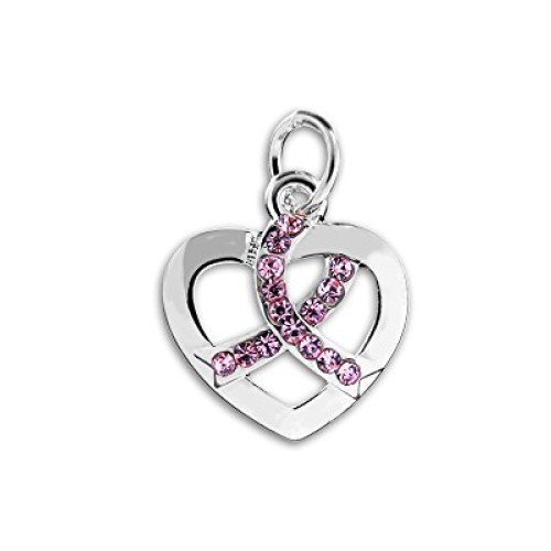 10 Pack Breast Cancer Awareness Silver Heart Crystal Pink Ribbon C...
