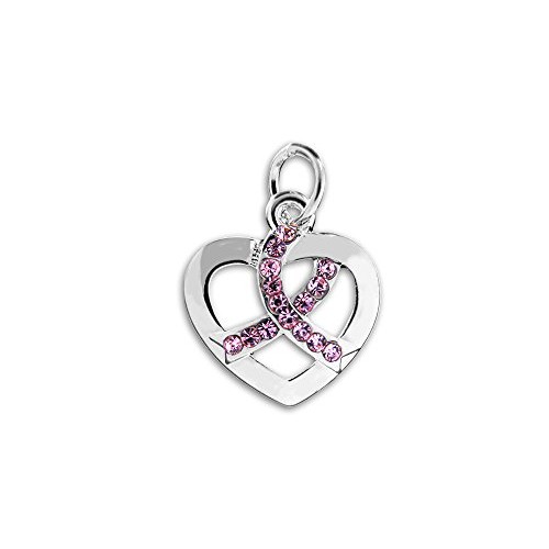 10 Pack Breast Cancer Awareness Silver Heart Crystal Pink Ribbon C...