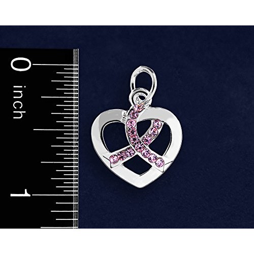 Breast Cancer Awareness Silver Heart Crystal Pink Ribbon Charms 5...