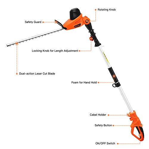 GARCARE Corded Pole Hedge Trimmer- 4.8Amp Electric Hedge Trimmer C...