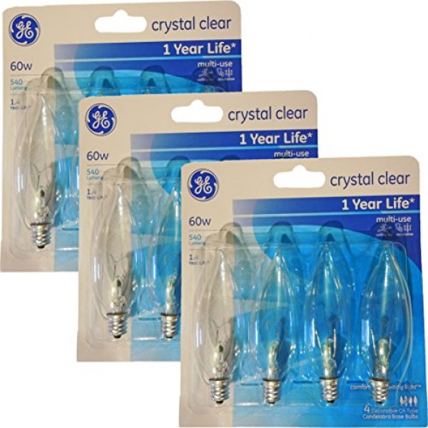 GE 60 Watt Crystal Clear Decorative Bent Tip Light Bulbs, Candelab...