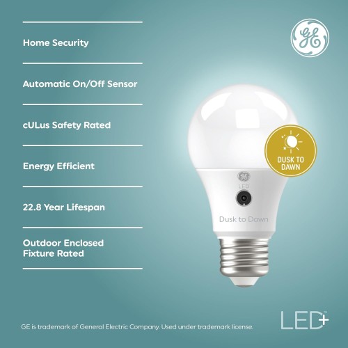 GE LED+ Dusk to Dawn A19 LED Light Bulbs, Automatic On/Off Outdoor Light, Daylight, 8.5W (3 Pack)
