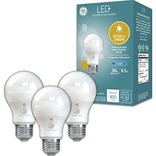 GE LED+ Dusk to Dawn A19 LED Light Bulbs, Automatic On/Off Outdoor Light, Daylight, 8.5W (3 Pack)