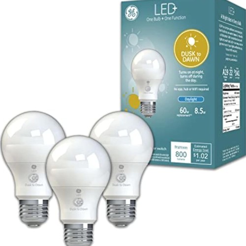 GE LED+ Dusk to Dawn A19 LED Light Bulbs, Automatic On/Off Outdoor Light, Daylight, 8.5W (3 Pack)