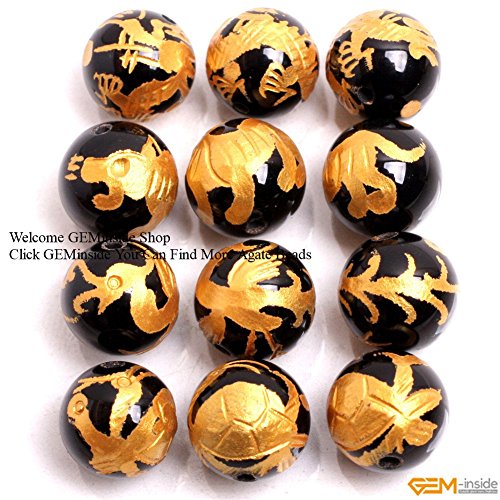 GEM-inside Natural 12mm Black Agate Beads Carved Golden Dragon Tor...