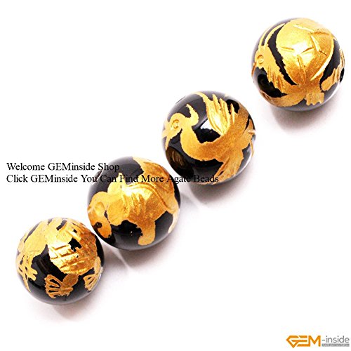 GEM-inside Natural 12mm Black Agate Beads Carved Golden Dragon Tor...