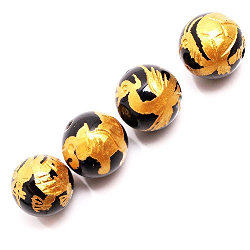 GEM-inside Natural 12mm Black Agate Beads Carved Golden Dragon Tor...