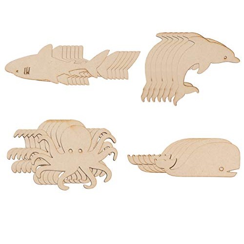 Wood Cutouts - 24-Pack Unfinished Wooden Cutouts, Octopus, Shark, ...
