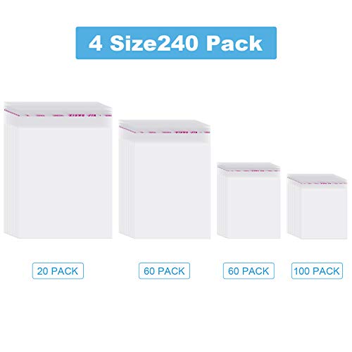 4 Size 240 Pieces Clear Plastic Bags, Resealable Cellophane Cello ...