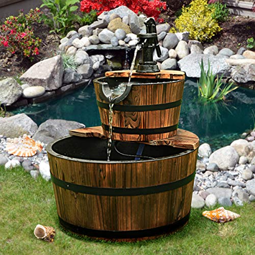 Giantex 2 Tier Barrel Waterfall Fountain Rustic Wood Barrel Water ...