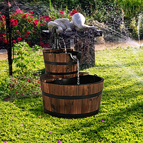 Giantex 2 Tier Barrel Waterfall Fountain Rustic Wood Barrel Water ...