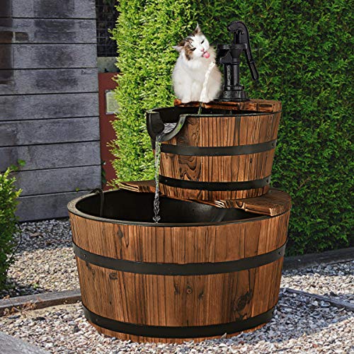 Giantex 2 Tier Barrel Waterfall Fountain Rustic Wood Barrel Water ...