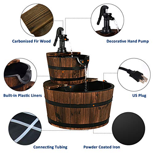 Giantex 2 Tier Barrel Waterfall Fountain Rustic Wood Barrel Water ...