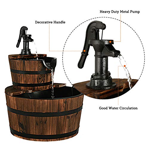 Giantex 2 Tier Barrel Waterfall Fountain Rustic Wood Barrel Water ...
