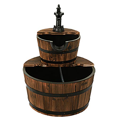 Giantex 2 Tier Barrel Waterfall Fountain Rustic Wood Barrel Water ...