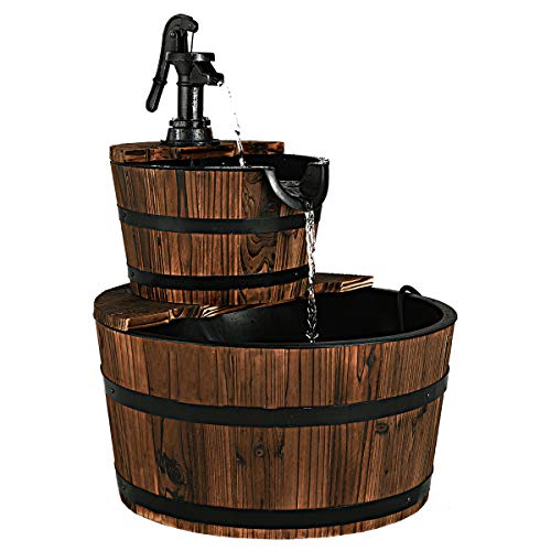 Giantex 2 Tier Barrel Waterfall Fountain Rustic Wood Barrel Water ...