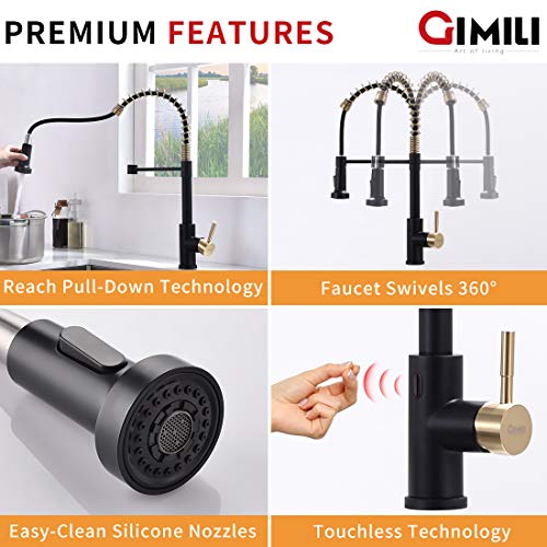 GIMILI Black and Gold Touchless Kitchen Faucet with Pull Down Spra...